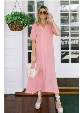 LAKE Gauze Caftan Dress Woman’s Medium  Coral Cotton Lightweight Resort Vacation